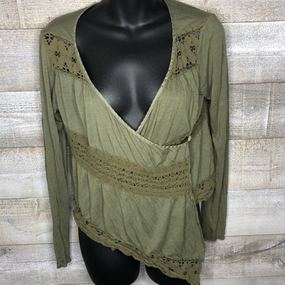 Tiny Anthropologie XS moss green lace trim crossover wrap shirt shawl